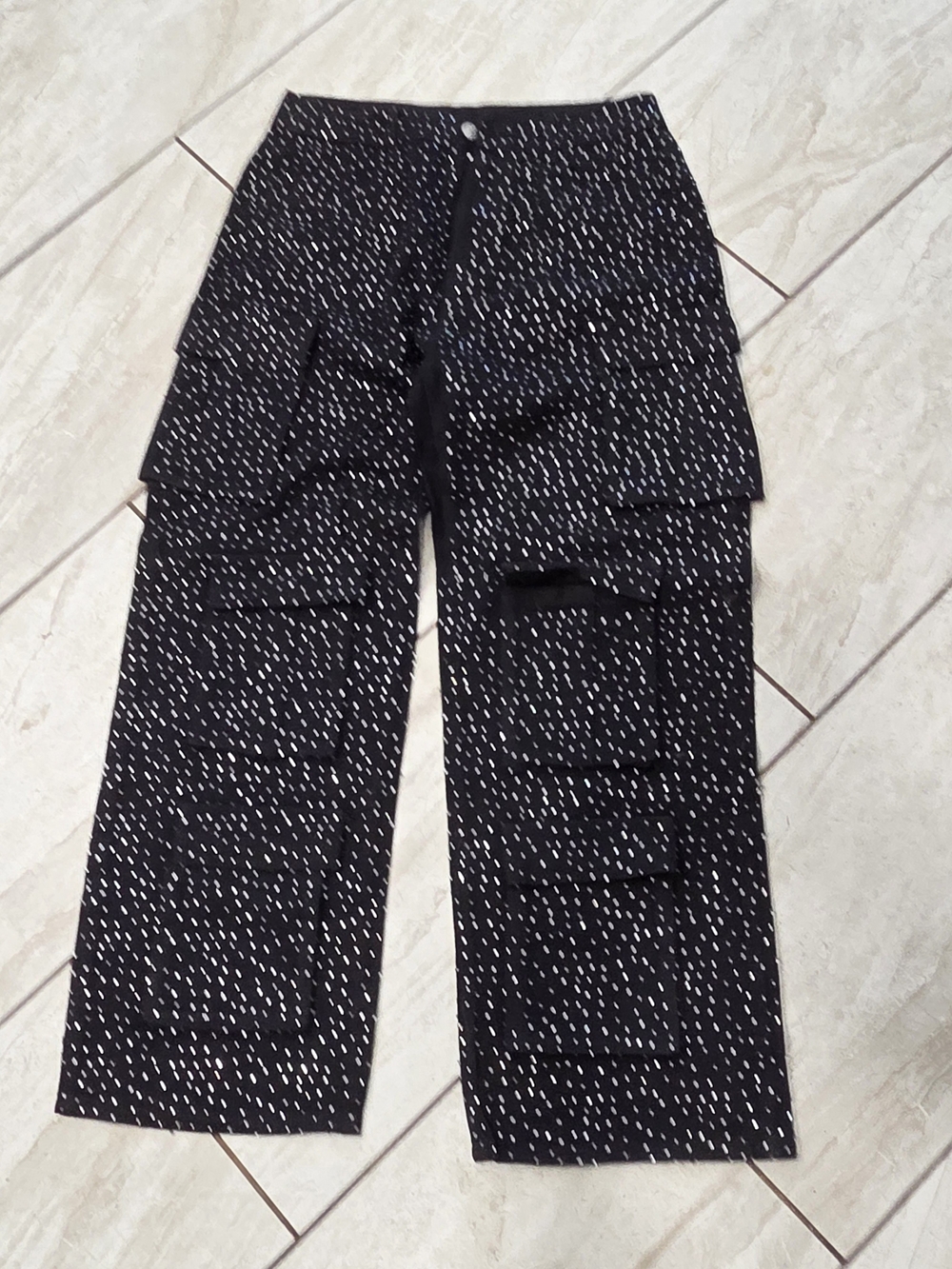 Black Rhinestone Wide-Leg Cargo Jeans